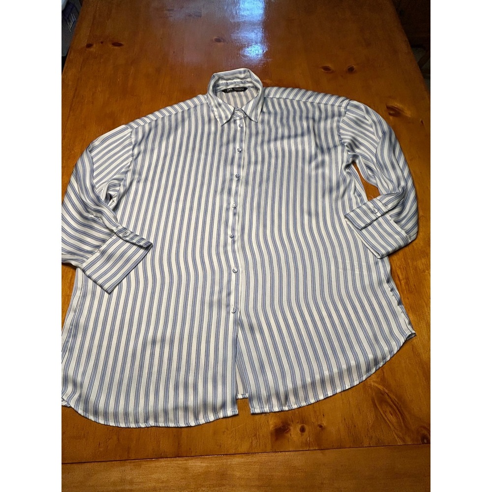 Zara Old Money Nautical Blue White Striped Satin Oversized Button Down Top - Picture 12 of 13
